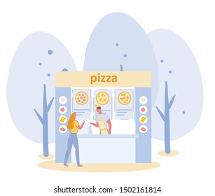 Local Market Street Food Pizza Cafe or Restaurant with Cartoon People Man and Woman Characters. Customer Buying Meal and Vendor near Fast Food Cafe Counter at City Park. Flat Vector Illustration.