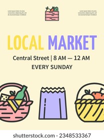 Local Market Vertical Invitation Placard Poster Banner Card Template. Vector illustration of Healthy Natural Product Concept