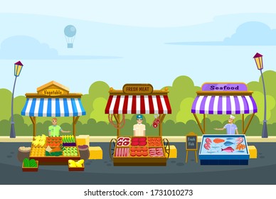 Local markets. Fresh fish, meat and vegetable. Shopping places on the street against the background of trees and sky.