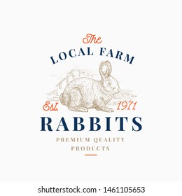 Local Meat Hare Farm Retro Badge or Logo Template. Hand Drawn Rabbit and Village Landscape Sketch with Retro Typography. Vintage Sketch Emblem. Isolated.