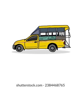 Local minibus in Thailand, hand drawn vector on white background