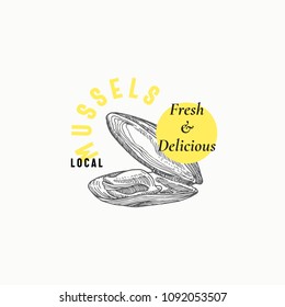 Local Mussels Abstract Vector Sign, Symbol or Logo Template. Hand Drawn Shellfish Mollusc with Premium Modern Typography. Stylish Classy Vector Emblem Concept. Isolated.