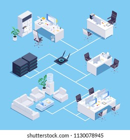 Local network. Isometric concept of local network in office. 3d office furniture. Vector illustration.