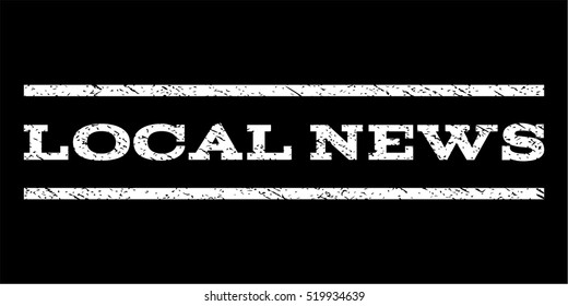 Local News watermark stamp. Text caption between horizontal parallel lines with grunge design style. Rubber seal stamp with unclean texture. Vector white color ink imprint on a black background.