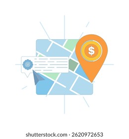 Local Offers Concept. Location-based marketing with geographically targeted discount notifications. Personalized local offers are sent via the app when customers enter an area. Design illustration.