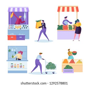 Local Organic Food Market Character Set. Vegetable Farm Store. Man Customer Buy Grocery and Seafood in Small Eco Mart. Healthy Fruit Farmer Salesman Concept Flat Cartoon Vector Illustration