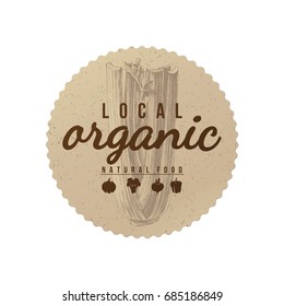 Local organic natural food round paper emblem with hand drawn celery. Vector illustration