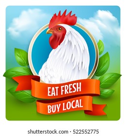 Local organic poultry farm advertisement poster with white country style rooster head and green farmland background vector illustration 