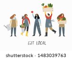 Local organic production cartoon vector illustration. Eat Local - vector print and lettering. People farmers in modern style at the farmers market.