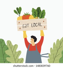 Local organic production cartoon vector illustration. Eat Local - vector print and lettering. People farmers in modern style at the farmers market.