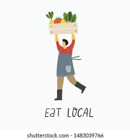 Local organic production cartoon vector illustration. Eat Local - vector print and lettering. People farmers in modern style at the farmers market.