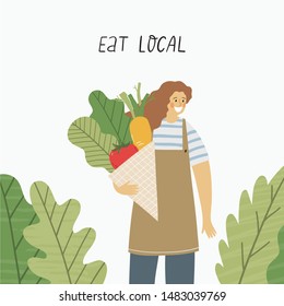 Local organic production cartoon vector illustration. Eat Local - vector print and lettering. People farmers in modern style at the farmers market.