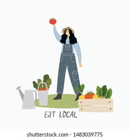 Local organic production cartoon vector illustration. Eat Local - vector print and lettering. People farmers in modern style at the farmers market.