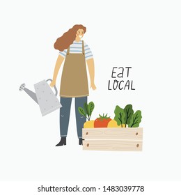 Local organic production cartoon vector illustration. Eat Local - vector print and lettering. People farmers in modern style at the farmers market.