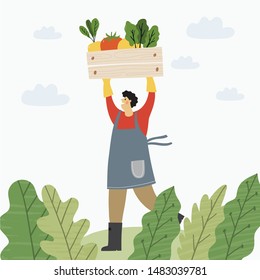 Local organic production cartoon vector illustration. Eat Local - vector print and lettering. People farmers in modern style at the farmers market.