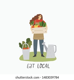 Local organic production cartoon vector illustration. Eat Local - vector print and lettering. People farmers in modern style at the farmers market.