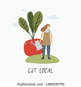 Local organic production cartoon vector illustration. Eat Local - vector print and lettering. People farmers in modern style at the farmers market.