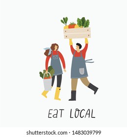 Local organic production cartoon vector illustration. Eat Local - vector print and lettering. People farmers in modern style at the farmers market.