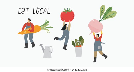 Local organic production cartoon vector illustration. Eat Local - vector print and lettering. People farmers in modern style at the farmers market.