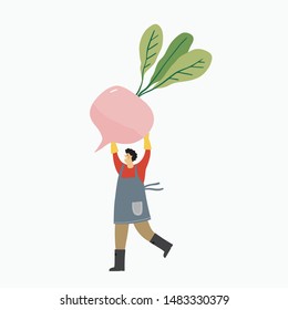 Local organic production cartoon vector illustration. Eat Local - vector print and lettering. People farmers in modern style at the farmers market.