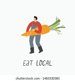 Local organic production cartoon vector illustration. Eat Local - vector print and lettering. People farmers in modern style at the farmers market.