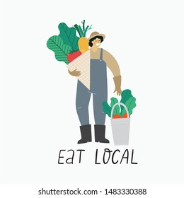 Local organic production cartoon vector illustration. Eat Local - vector print and lettering. People farmers in modern style at the farmers market.