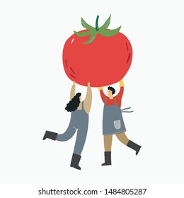 Local organic production cartoon vector illustration. Eat Local - vector print and lettering. People farmers in modern style at the farmers market. Farmers carry huge vegetables