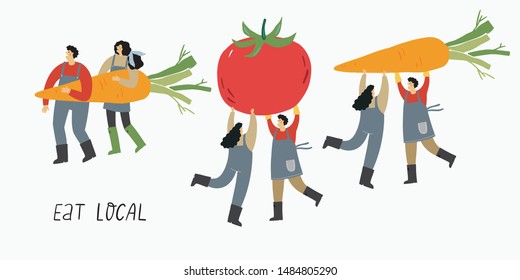 Local organic production cartoon vector illustration. Eat Local - vector print and lettering. People farmers in modern style at the farmers market. Farmers carry huge vegetables