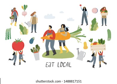 Local organic production cartoon vector illustration. Eat Local - vector print and lettering. People farmers in modern style at the farmers market.