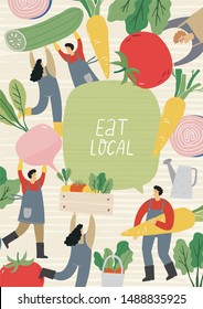 Local organic production cartoon vector illustration. Eat Local - vector print and lettering. People farmers in modern style at the farmers market.