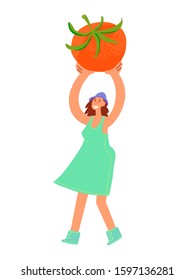 Local organic production cartoon vector illustration. Eat Local - vector print. Woman farmer in modern style at the farmers market. woman holding a large tomato