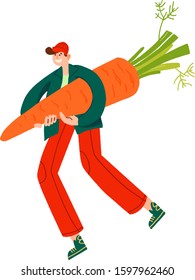 Local organic production cartoon vector illustration. Eat Local - vector print. People farmers in modern style at the farmers market. A man carries a large carrot