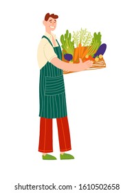 Local organic production cartoon vector illustration. Eat Local - vector print. Man farmer in modern style at the farmers market. A farmer holding a basket of vegetables in his hands.