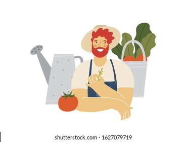 Local organic production cartoon vector illustration. Eat Local - vector print and lettering. Farmer in modern style at the farmers market.