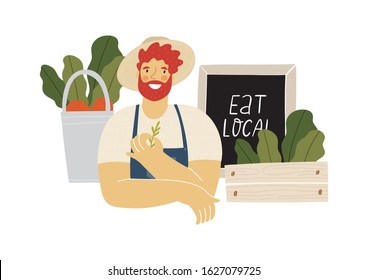 Local organic production cartoon vector illustration. Eat Local - vector print and lettering. Farmer in modern style at the farmers market.