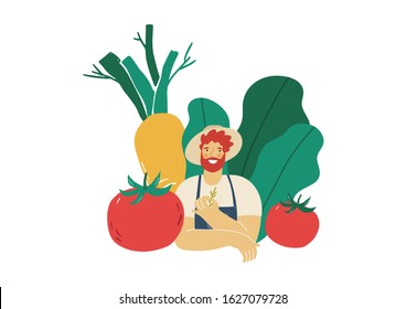 Local organic production cartoon vector illustration. Eat Local - vector print and lettering. Farmer in modern style at the farmers market.