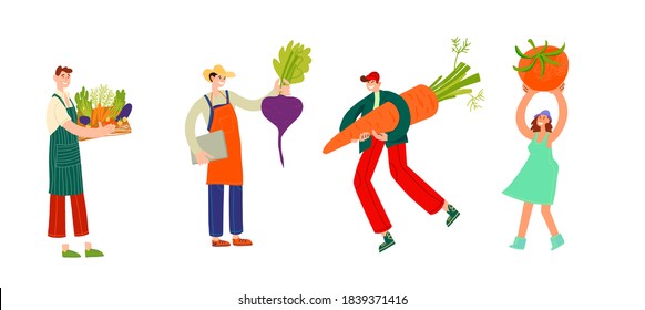 Local organic production cartoon vector illustration. Eat Local - vector print and lettering. People farmers in modern style at the farmers market.