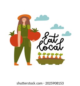 Local organic production cartoon vector illustration. Eat Local - lettering print. Woman farmer in modern flat style with huge vegetables. Female gardener holding a large tomatoes.