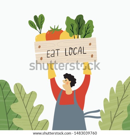 Local organic production cartoon vector illustration. Eat Local - vector print and lettering. People farmers in modern style at the farmers market.
