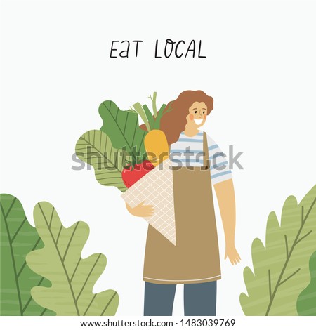 Local organic production cartoon vector illustration. Eat Local - vector print and lettering. People farmers in modern style at the farmers market.