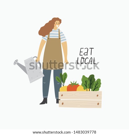 Local organic production cartoon vector illustration. Eat Local - vector print and lettering. People farmers in modern style at the farmers market.