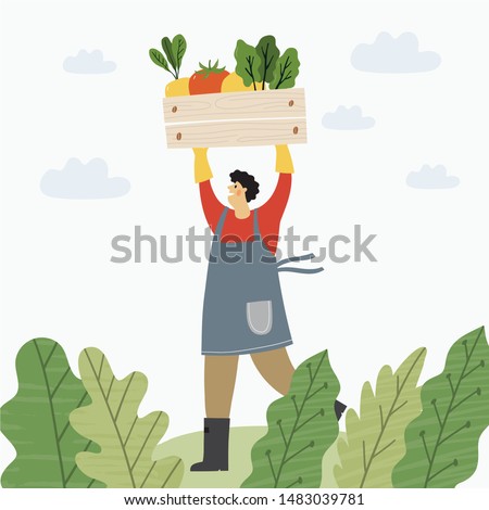 Local organic production cartoon vector illustration. Eat Local - vector print and lettering. People farmers in modern style at the farmers market.