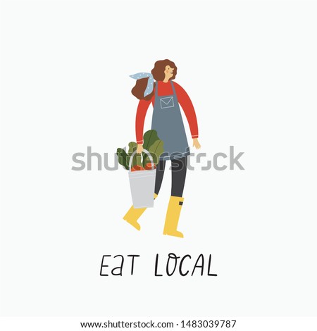 Local organic production cartoon vector illustration. Eat Local - vector print and lettering. People farmers in modern style at the farmers market.
