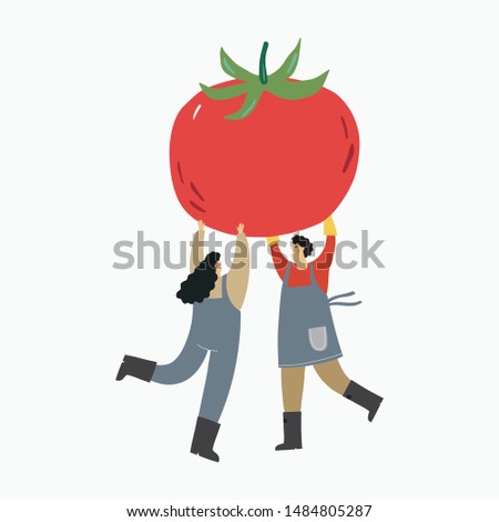 Local organic production cartoon vector illustration. Eat Local - vector print and lettering. People farmers in modern style at the farmers market. Farmers carry huge vegetables