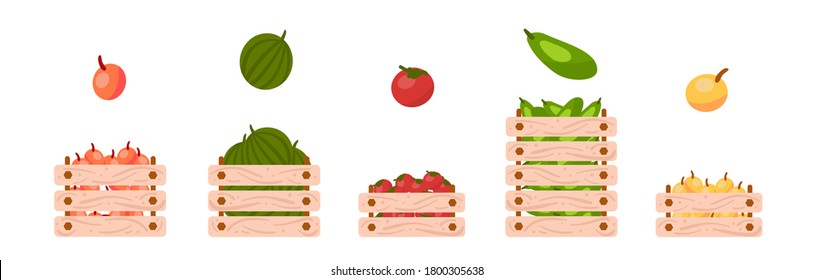 Local organic production for farm shop. Vegetable and fruit market shop stand with boxes of apple, watermelon, tomato, zucchini. Fresh food outdoor place. Flat cartoon stock vector illustration.
