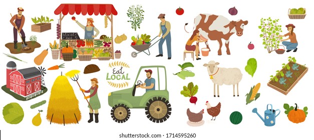 Local organic production icons set. Farmers do agricultural work, planting, gathering crops and sell food. Woman milks a cow and picking berries. Farm animals, fruits and vegetables isolated vector 