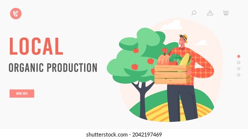 Plantilla de la página de inicio de producción orgánica local. Agricultor de Man cosechando frutas y verduras maduras. Carácter de jardinero cosechando alimentos de granja sanos maduros en el rancho en otoño. Ilustración del vector de dibujos animados