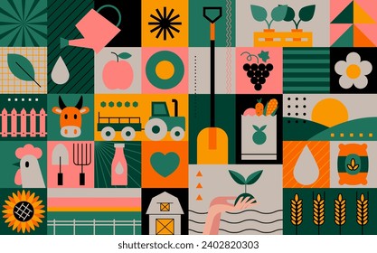 Local organic production. Planting and gathering crops, working on tractor, farmer selling fruits and vegetables, farm animals, farmhouse. Farm agriculture theme. Farmer icons