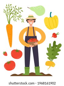 Local organic production poster with agricultural worker holding basket with tomatoes. Flat cartoon vector illustration with man farmer .
