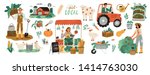 Local organic production set. Agricultural workers planting and gathering crops, working on tractor, farmer selling fruits and vegetables, farm animals, farmhouse. Flat cartoon vector illustration.